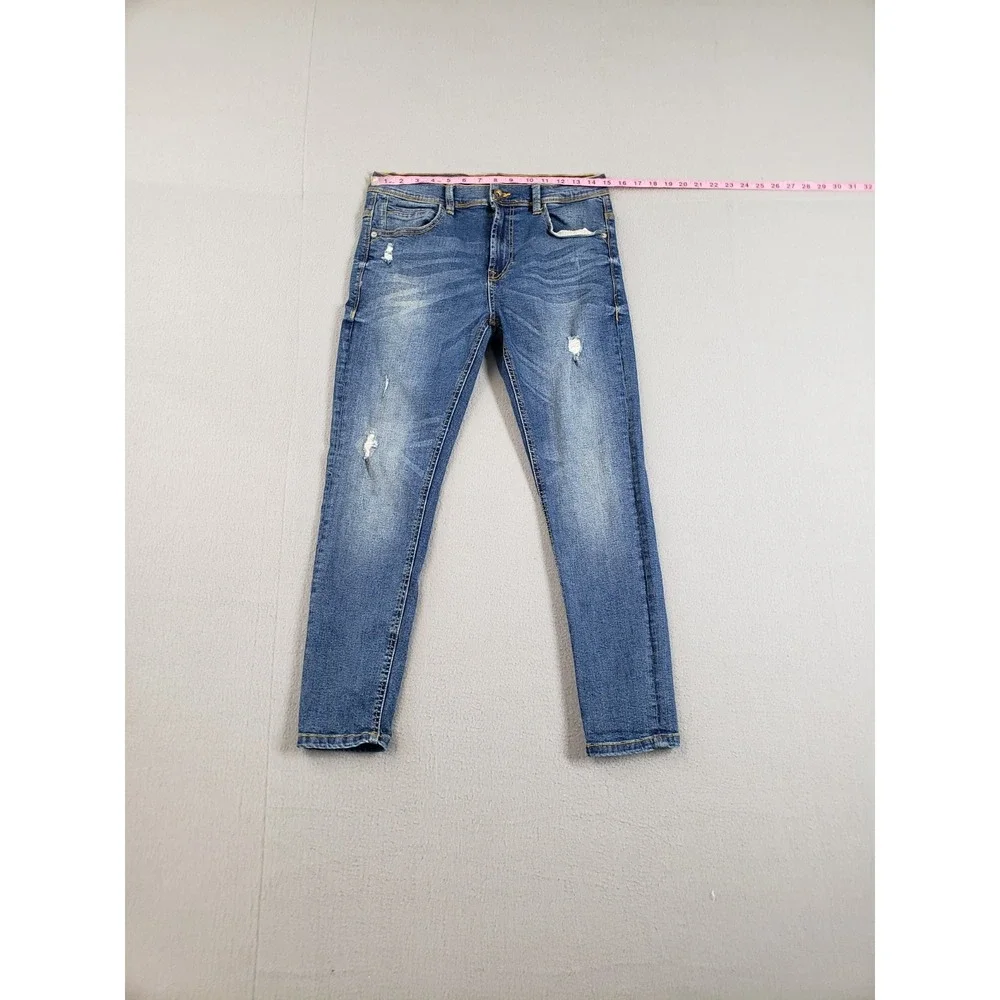 ZARA Men Jean 31 Blue Denim Skinny Mid Rise Distressed Medium Wash 5 Pocket